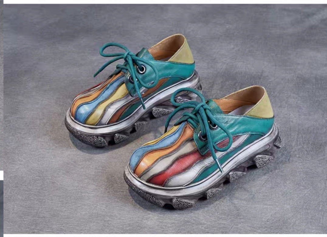 Women's Retro Color-block Rainbow Lace-up Shoes