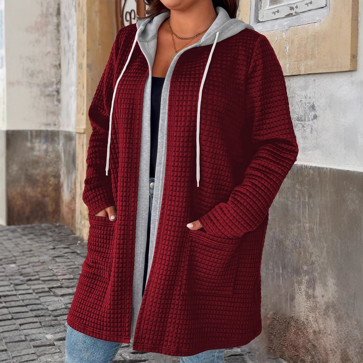 Women's Hooded Pocket Cardigan Jacket Without Buckle