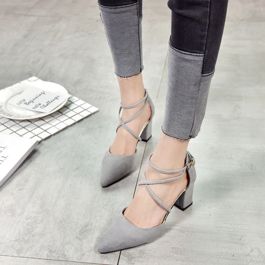 Pointed Suede High-heeled Shoes With A Buckle And Lace-up
