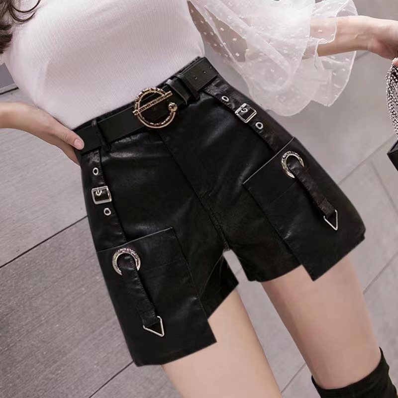 High Waist Slimming Fashion All-match Wide Leg Leather Shorts Boot Pants