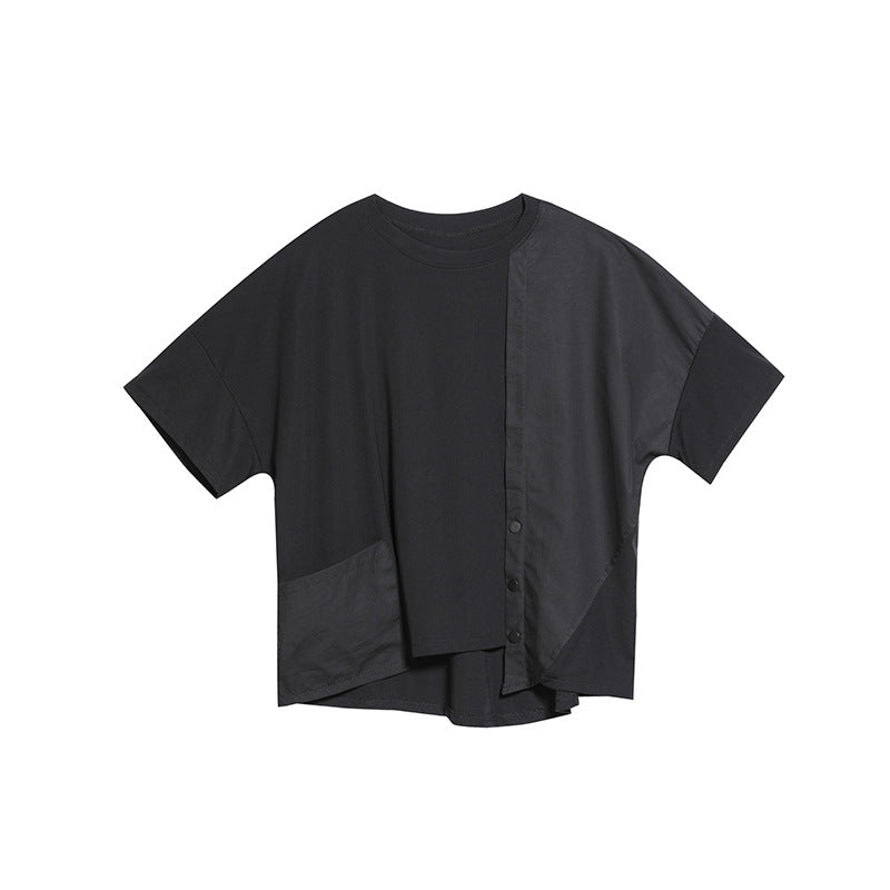 Womens Stylish, Personalized Patchwork Asymmetrical Short-Sleeve Top