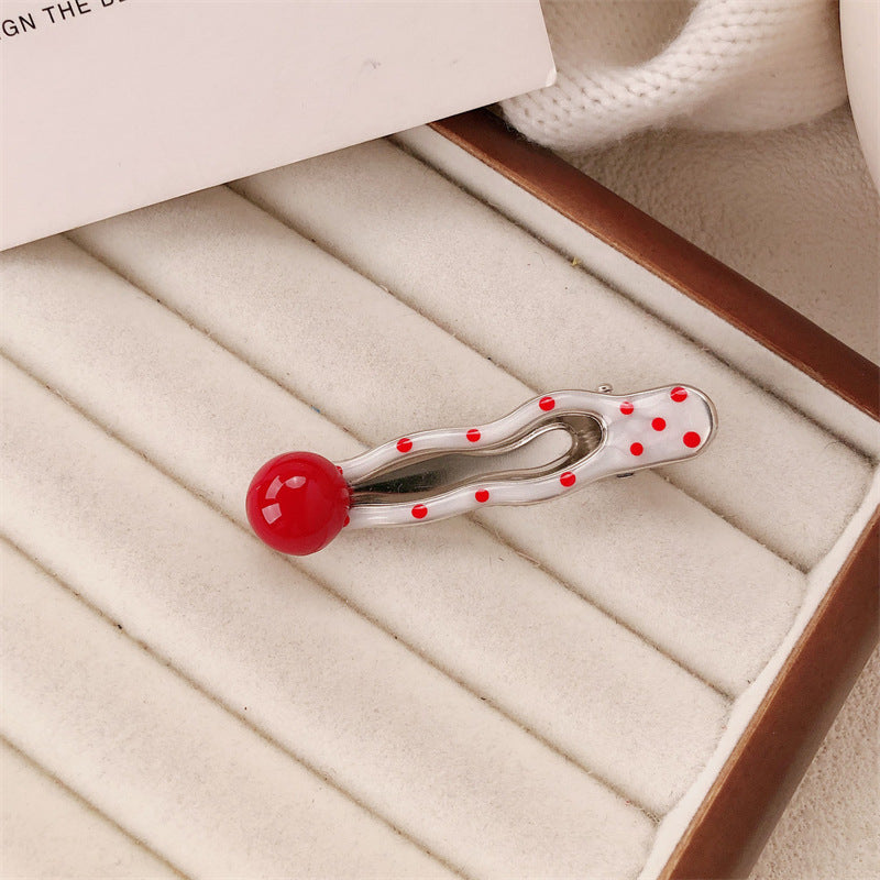 Red Stereo Love Heart-shaped Hairpin French Retro Dots Willow Leaf Clip