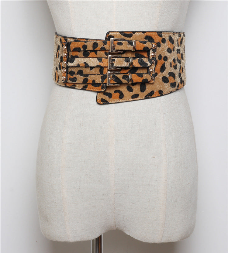Fashion All-match Three-breasted Irregular Leopard Print Horsehair Belt With Dress Girdle