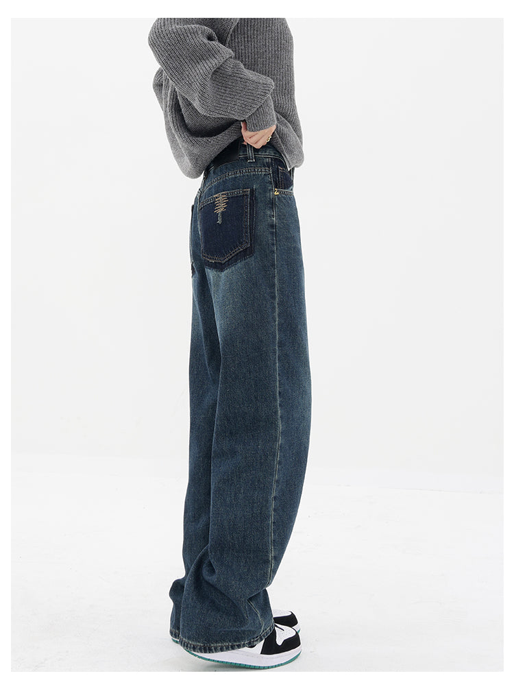 Retro Blue Jeans Women's Gradient High Waist Straight Casual Pants