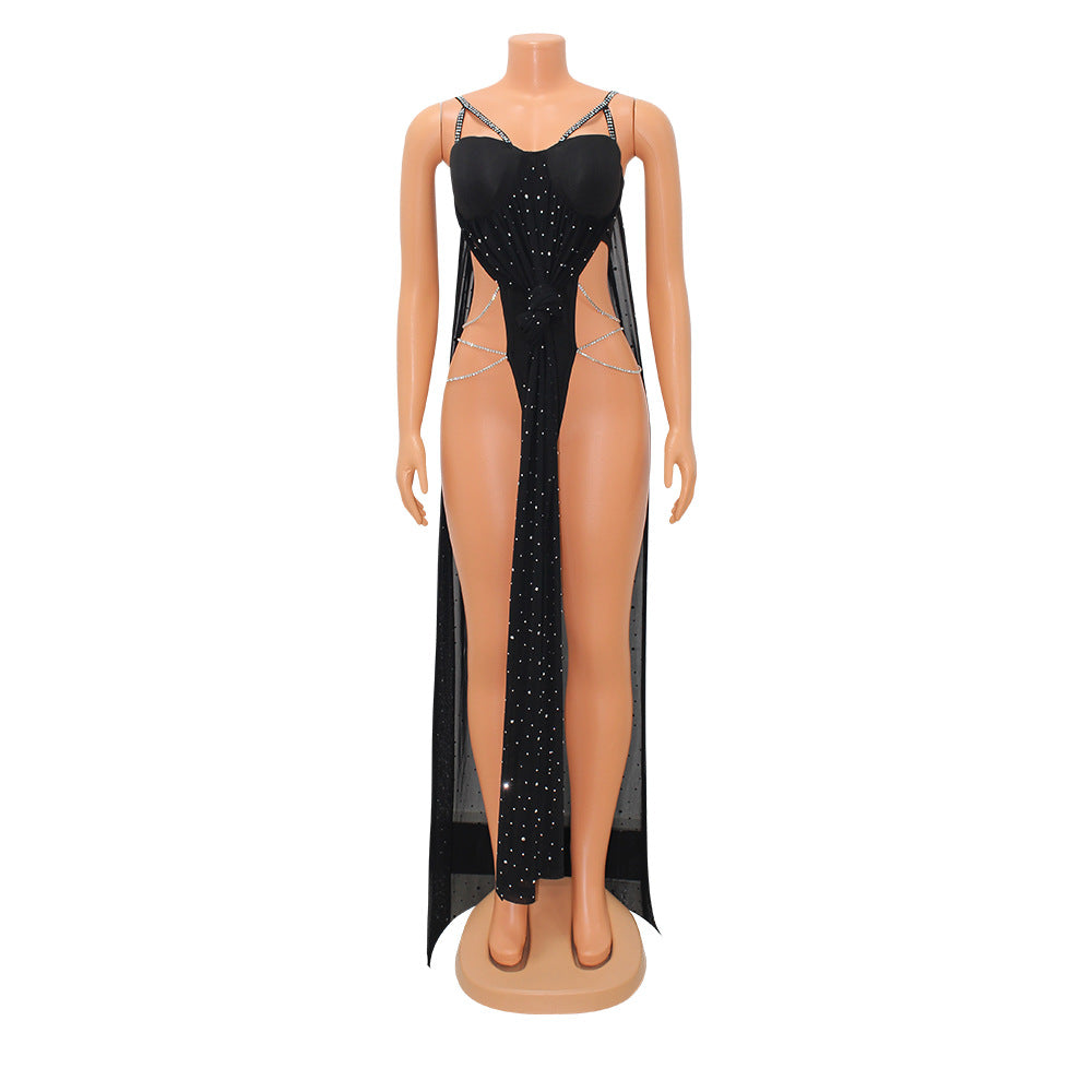 Women's Fashion Mesh Skirt Ironing Drill See-through Jumpsuit