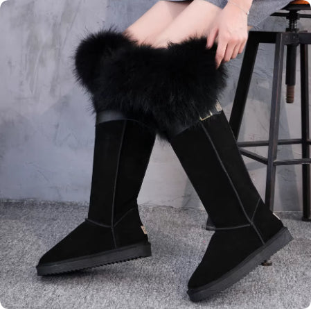 Leather Hair Knee High Boots For Women