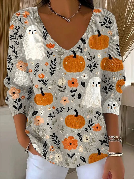 V-neck Long-sleeved Sweater Floral Loose Sweater