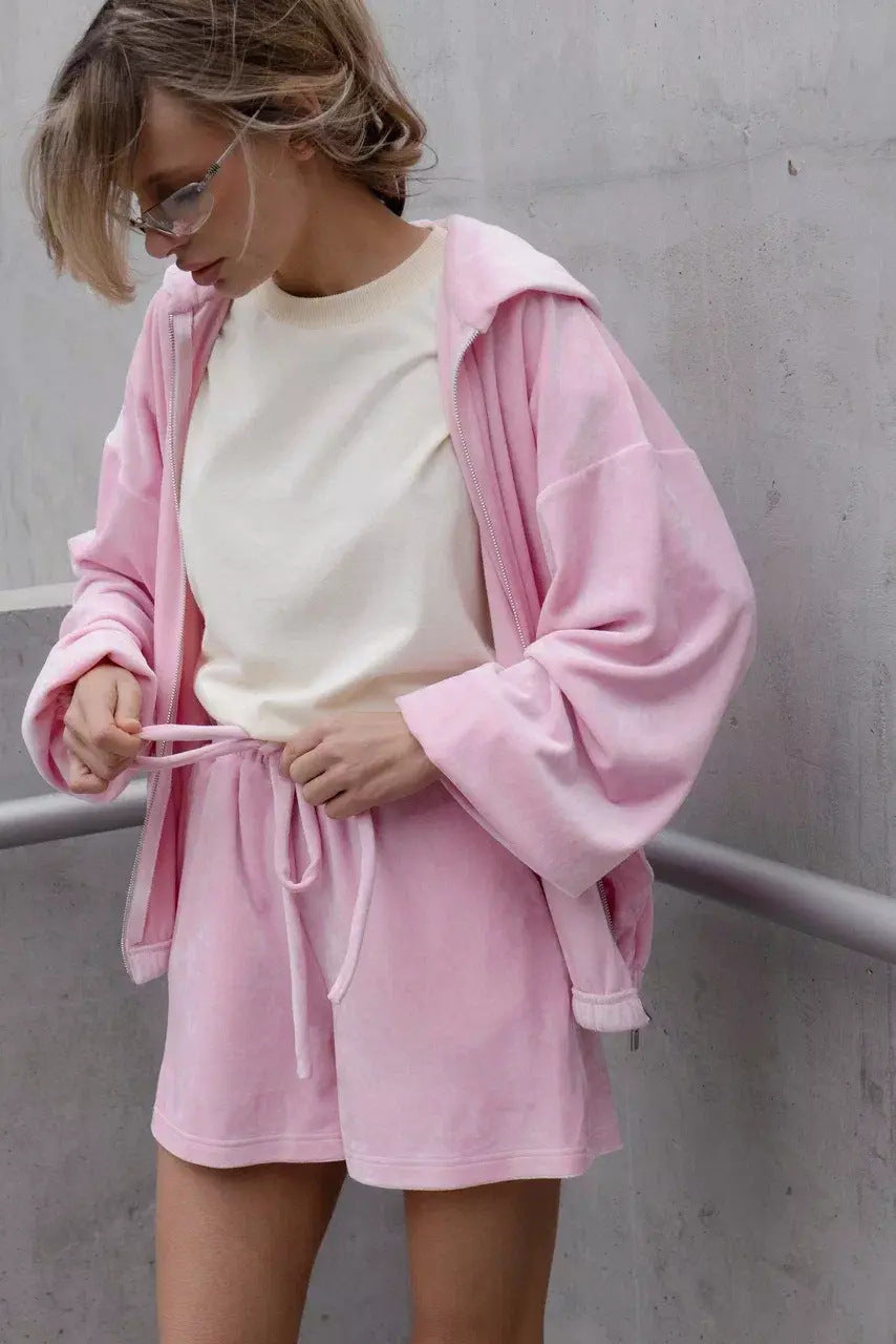 Womens Hooded Plush Sweatshirt And Shorts Set