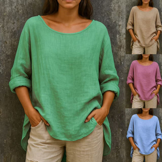 Casual Loose-fit Fashionable Cotton-linen Retro Crew-neck Plus-size T-shirt