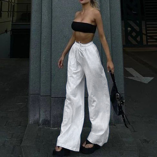Simple Style Casual All-matching Drawstring Lace-up Small Wrinkle Trousers For Women