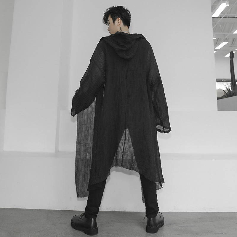 Long Hooded Crumpled Linen Shirt For Men And Women