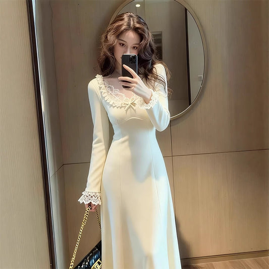 Early Autumn FrenchStyle Elegant Lace Knit Dress