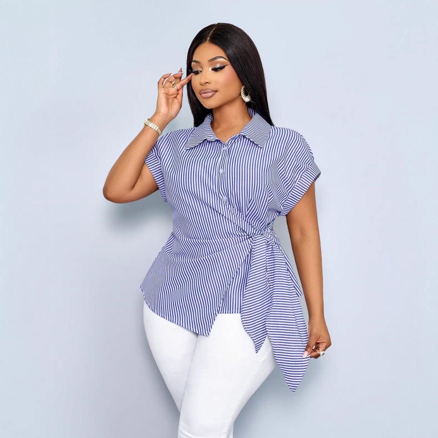 Ny Stribet Løstsiddende Trendy Asymmetrisk Snøre T-shirt
