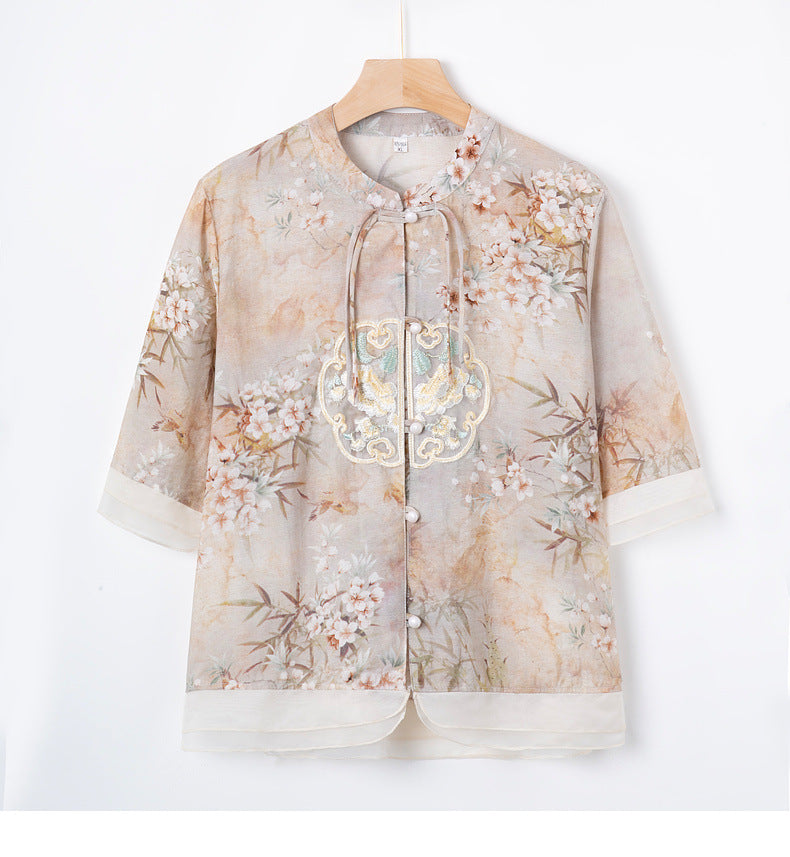 Mom New Spring And Summer Wear National Style Small Shirt Two-piece Set
