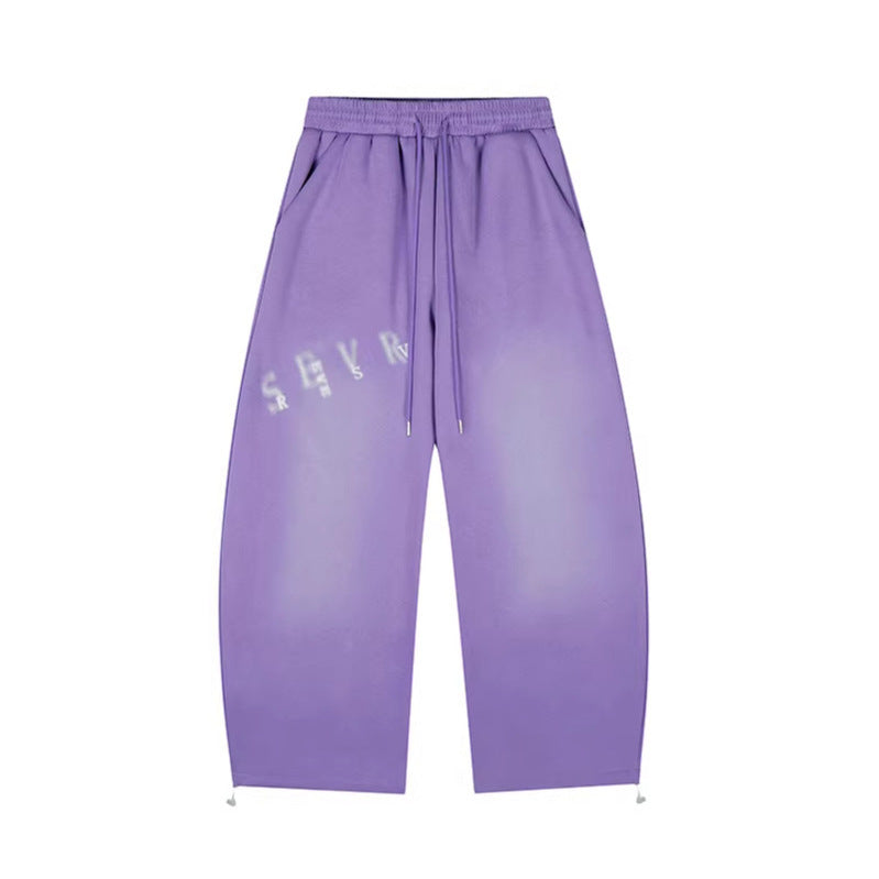 Womens American-Style Retro Distressed Letter-Print Sweatpants