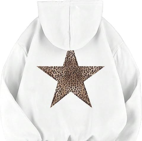 Womens Leopard-Print And Star-Print Hooded Casual Long-Sleeve Top