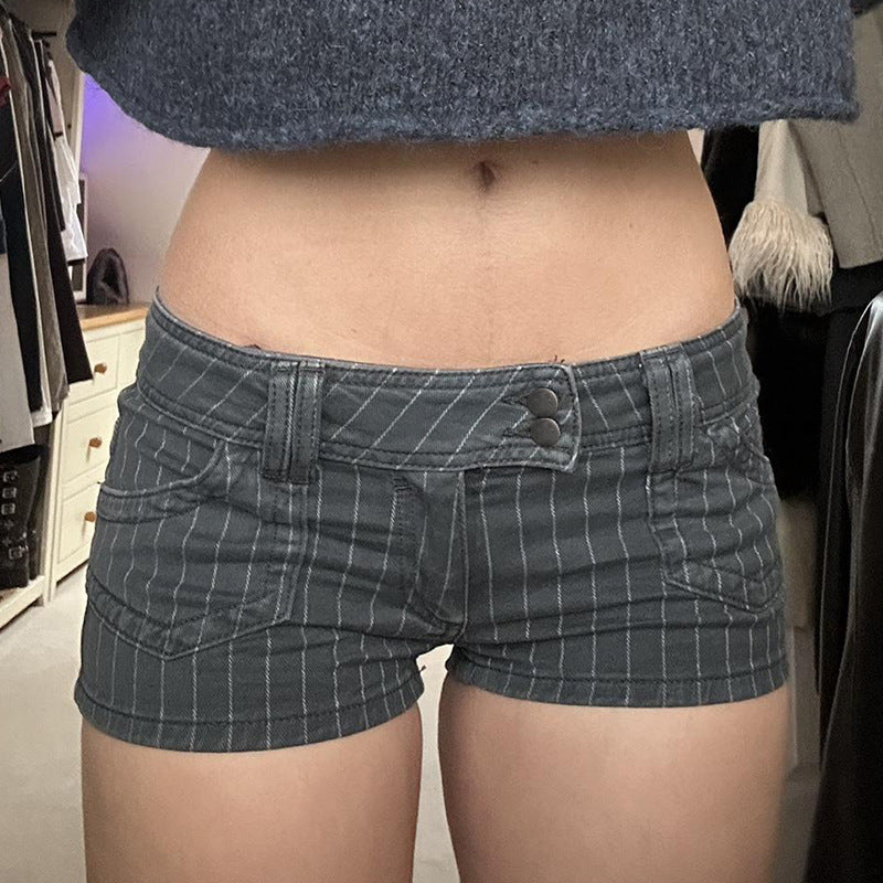 American Street Style Striped Contrast Color Denim Shorts Low Waist Double Breasted