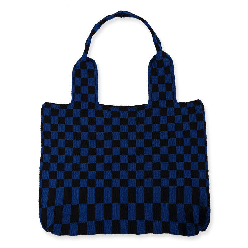 Women's Simple Checkerboard Shoulder Knitted Bag Large Capacity