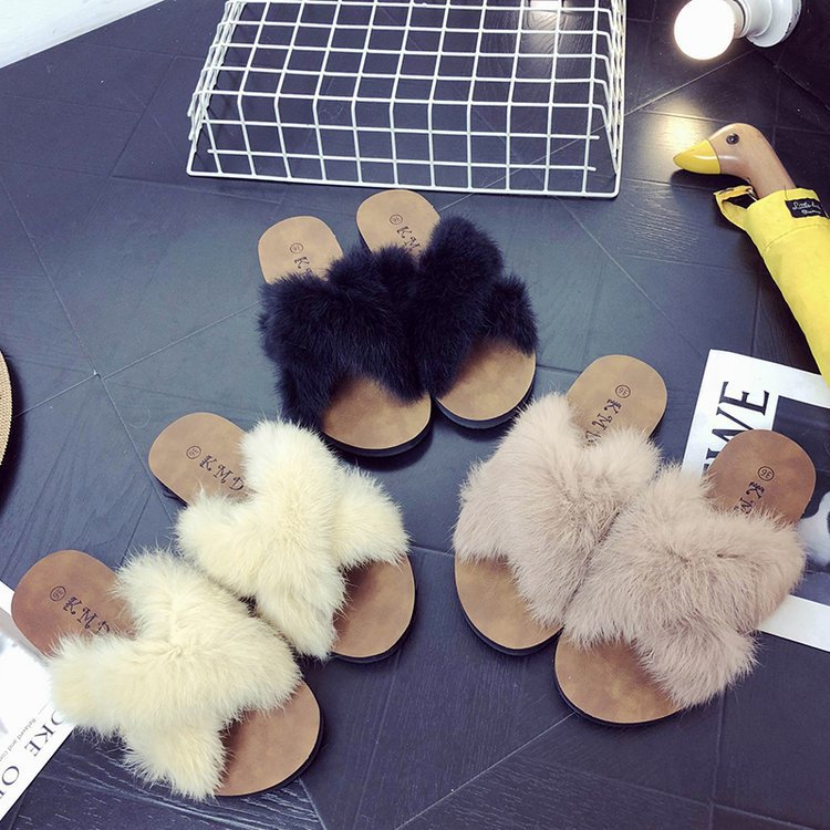 Spring New Fluffy Slippers Women's Summer Fashion Outerwear Flat Bottom Comfort