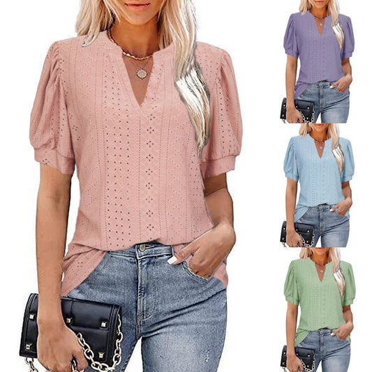 Casual V-neck Solid Color Hollow Puff Sleeve Loose T-shirt