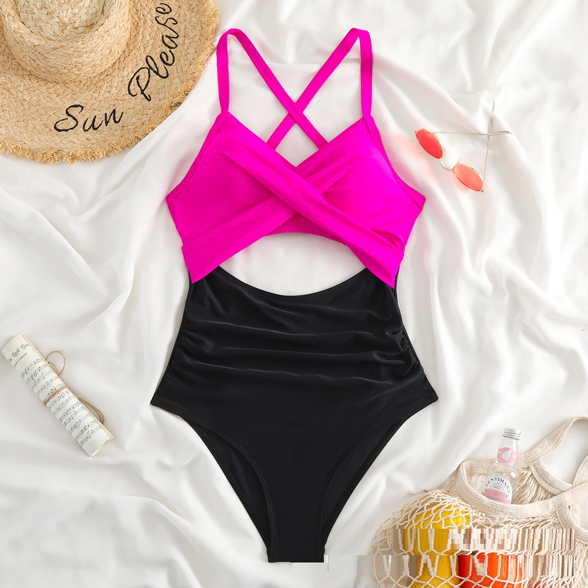 European And American New One Piece Swimsuit Color Matching Cross Strap