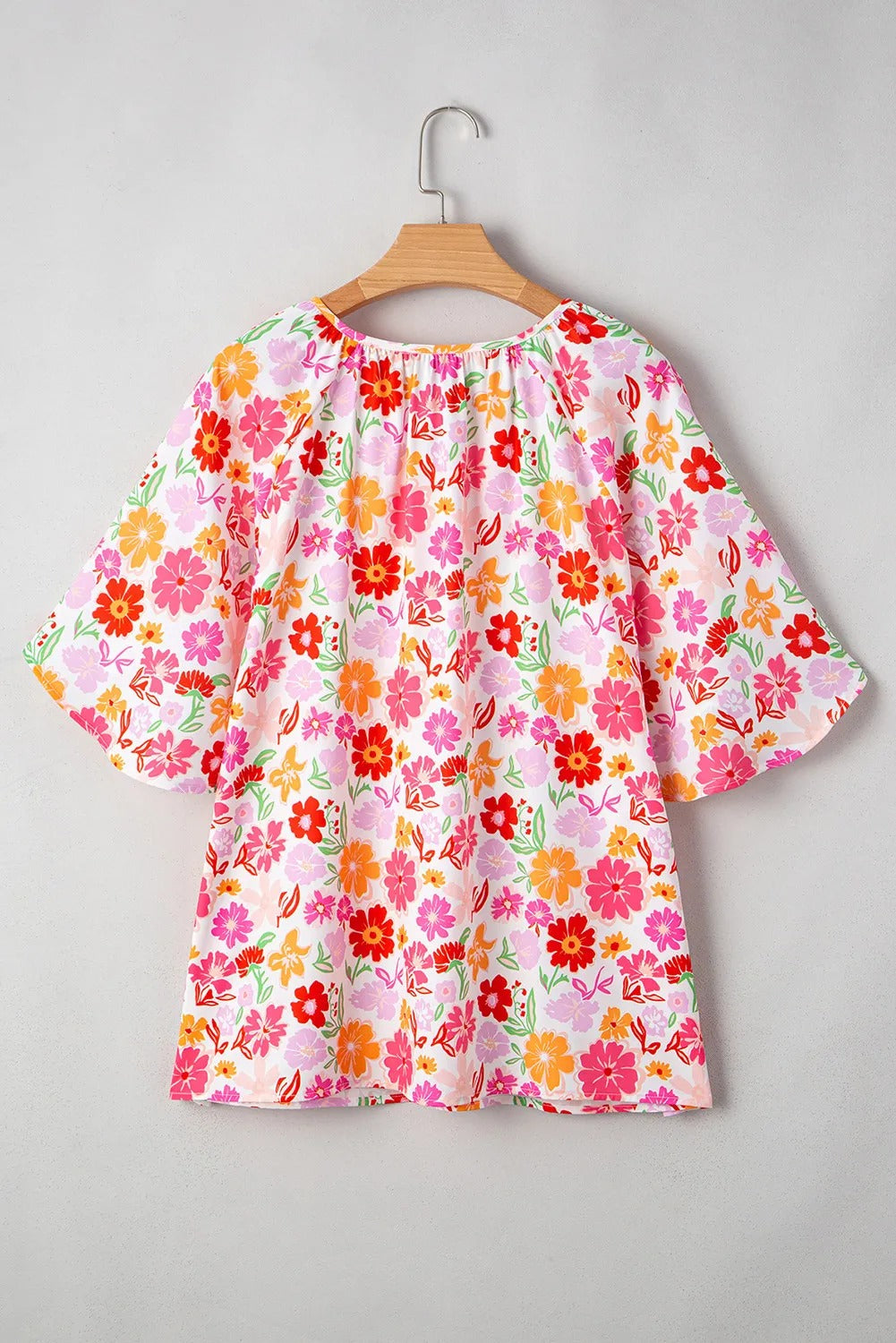 White Floral Split V Neck Wide Short Sleeve Plus Size Blouse Top