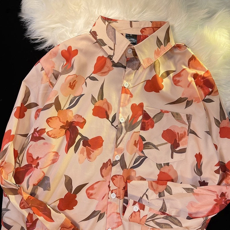 Hong Kong Style Printed Shirt Men's And Women's Loose Long Sleeves