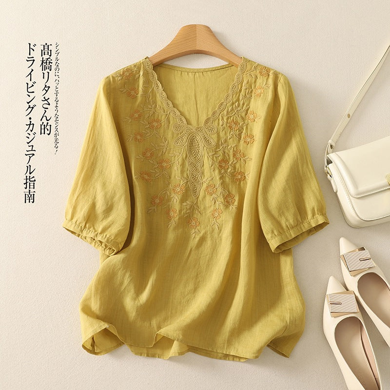 Embroidered Women's Elegant Lace V-neck Half Sleeves Pullover Shirt