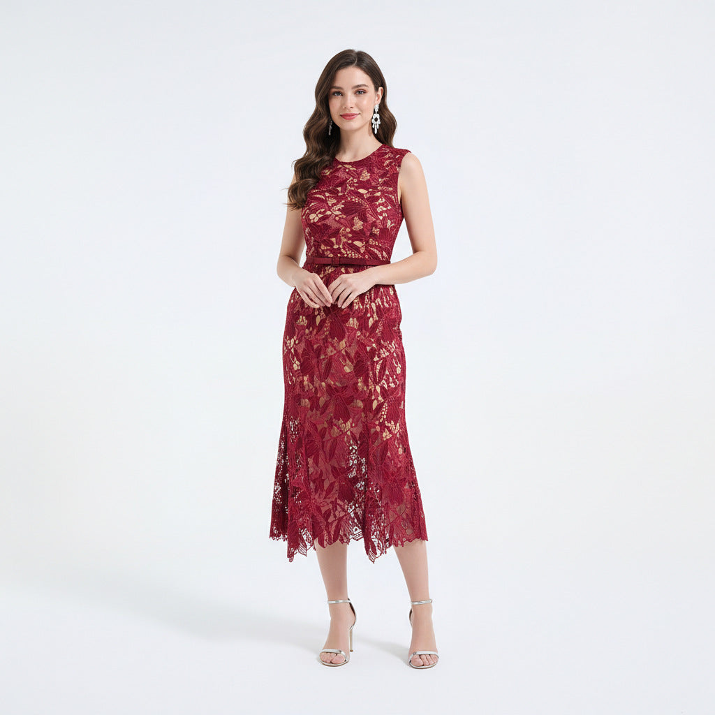 Lace Hollowed Out Sleeveless Waist Cinched Fish Tail Dress