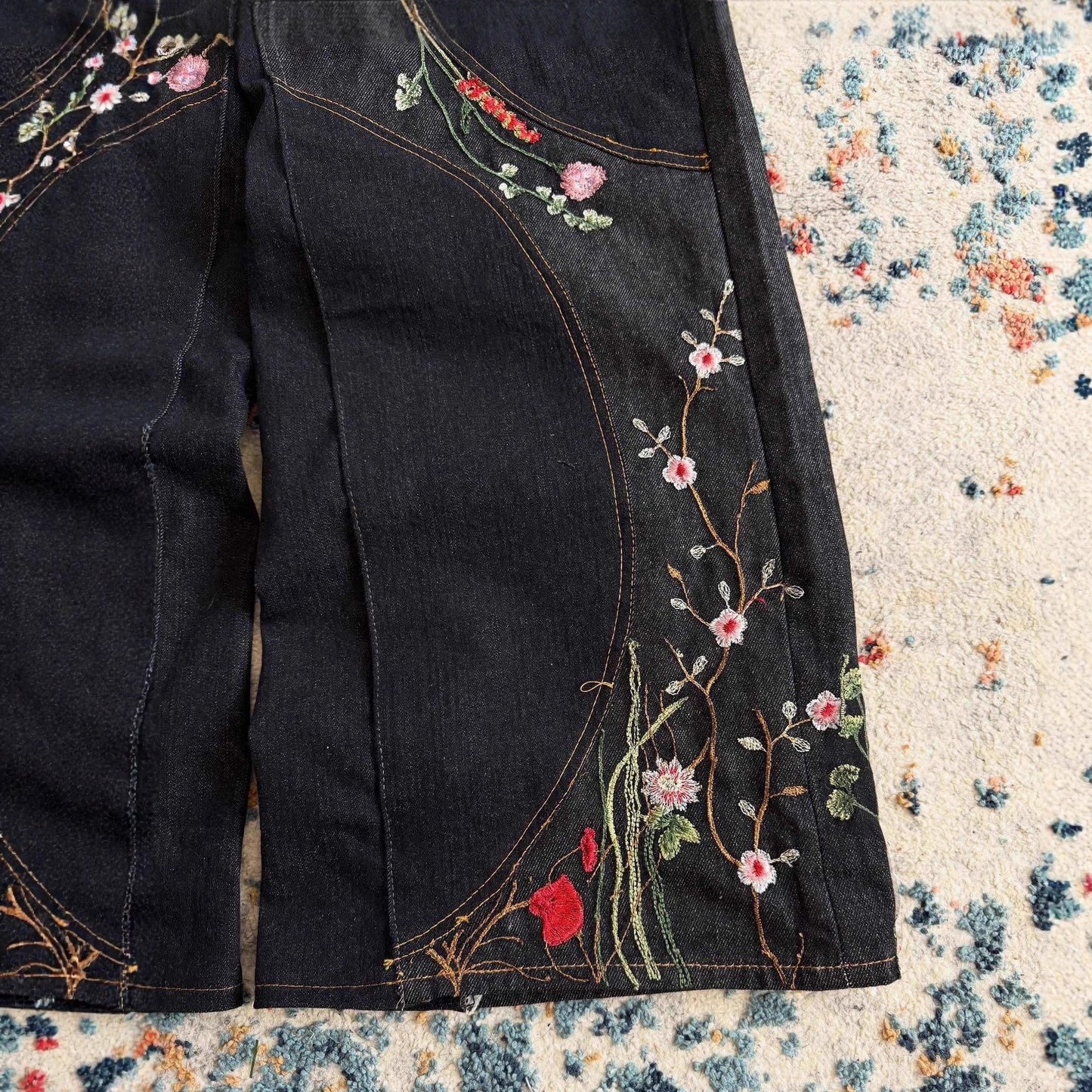 Stitching-design Floral-embroidered Jeans