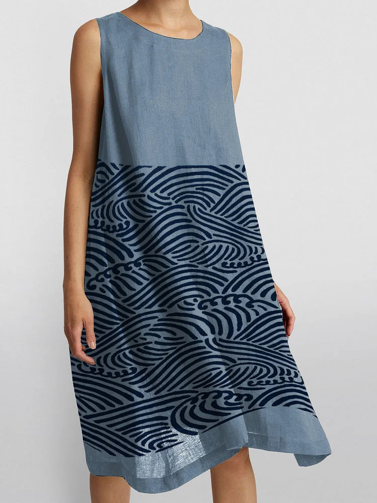 Womens Sleeveless Crew-Neck Printed Tank Top Casual Dress