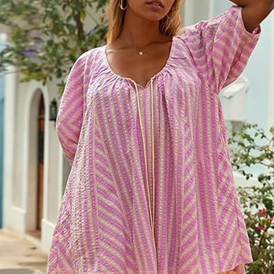 Short Sleeve Striped Shirt Loose Deep V Jumpsuit