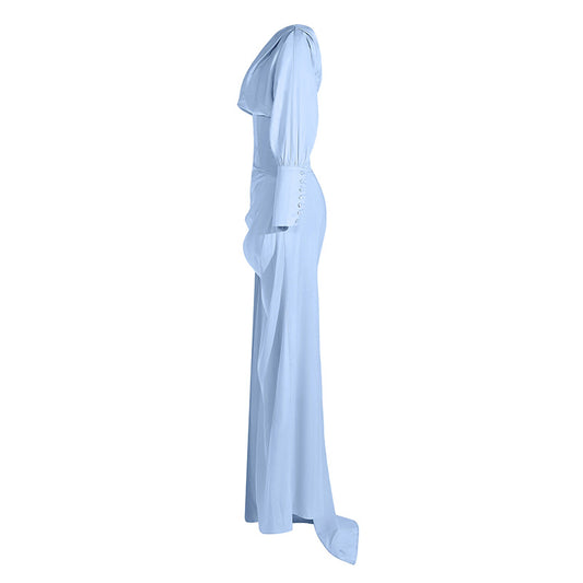 Round-neck Pleated Lantern-sleeve Light-blue Elegant Long Dress