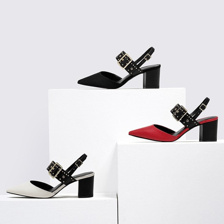 Thick-heeled Sandals With One-word Buckle Back Empty Willow Studs, Pointed Toe And Shallow Mid-heel Shoes