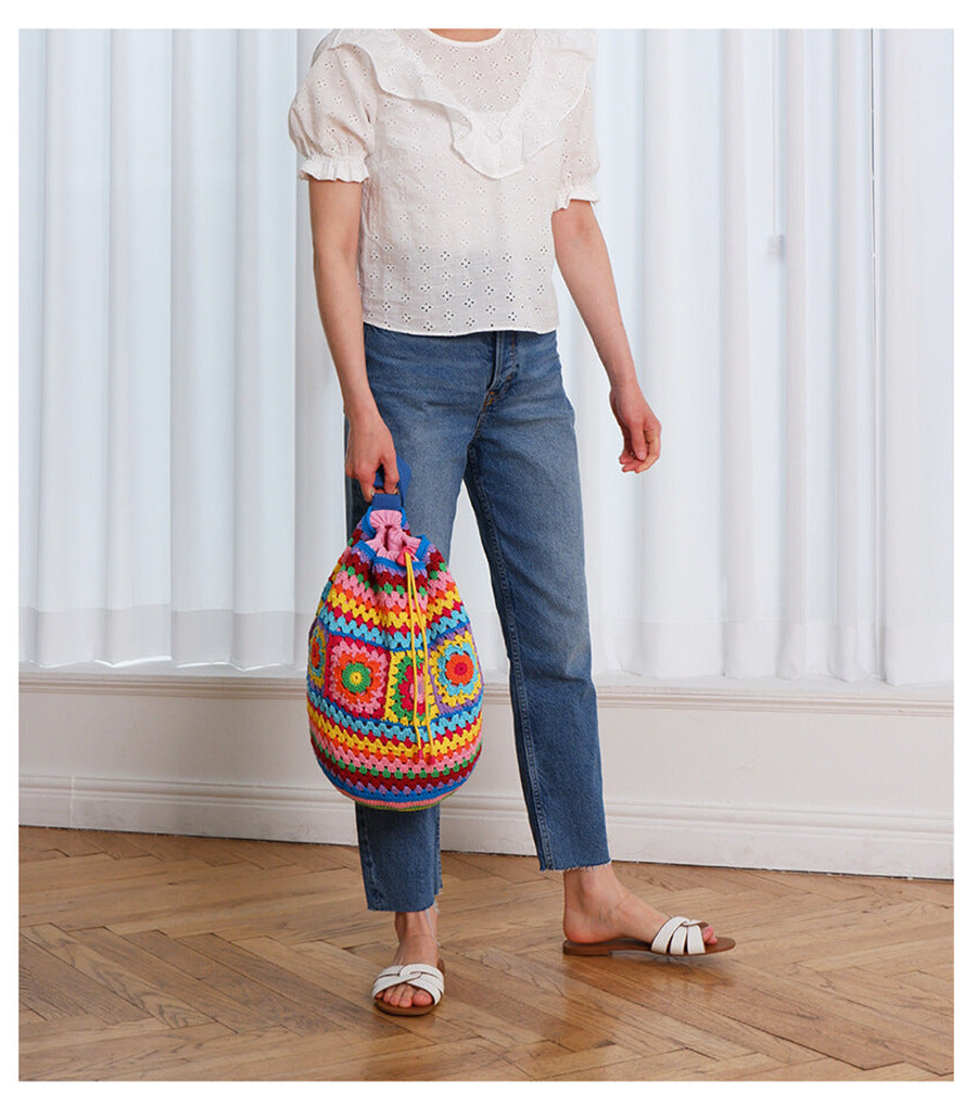 Drawcord Contrast Grandmother Plaid Woven Bag