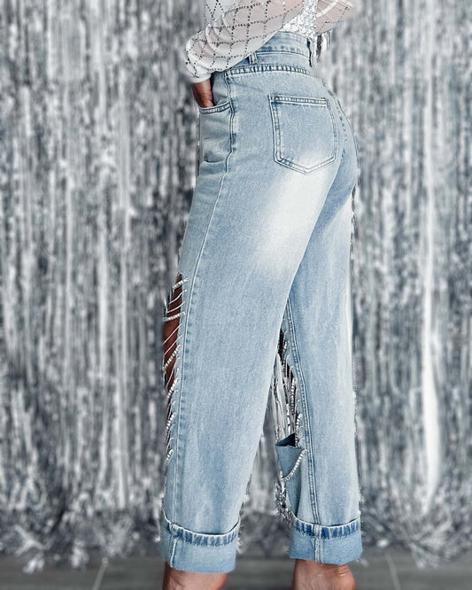 Big Ripped Jeans Women's Chain Ornaments Straight-leg Pants