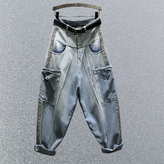 Rivet Net Red Personality Dad Denim Harem Baggy Pants Women