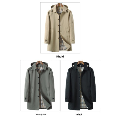 Men's Trench Coat Detachable Hat Light Luxury Business