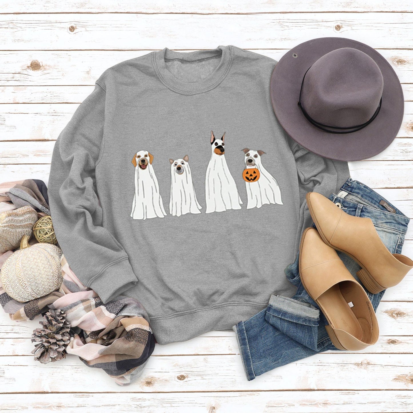 Halloween Ghost Puppy Printed Round Neck Long Sleeve Sweater