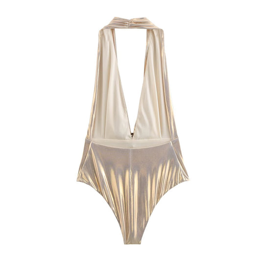 Casual All-match Women's Metal Foil Hanging Collar Jumpsuit
