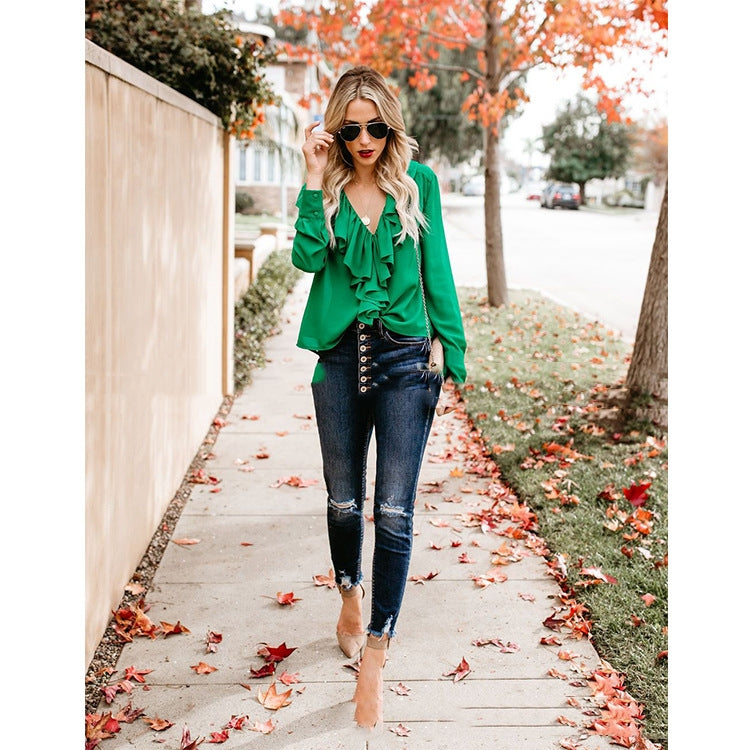V-neck Flounce Loose And Stylish Long Sleeves Chiffon Shirt