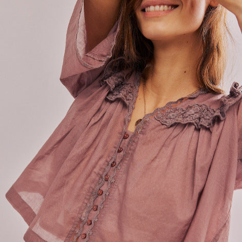 Lace-trimmed Collar Loose-fitting Fashionable Pleated Top For Women