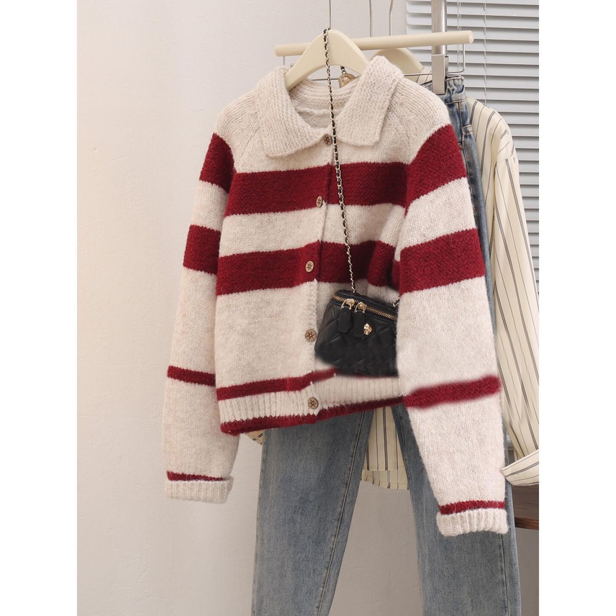 Women's Lapel Stripe Sweater Coat
