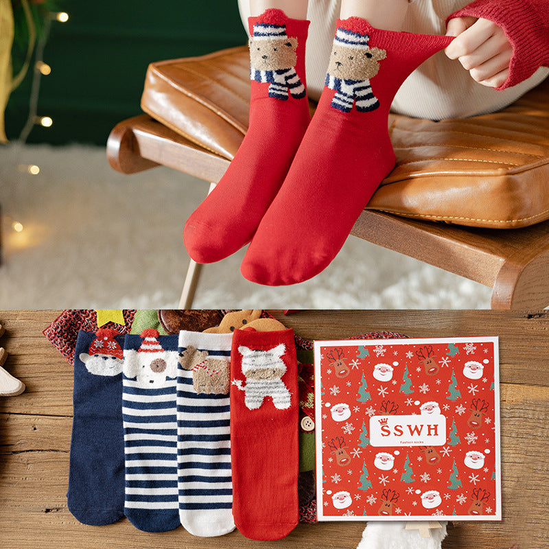 Christmas Gift Box Women's Mid Tube Stockings  4 Pairs
