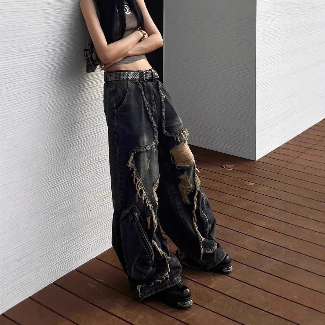 American High Street Design Ripped Jeans Spring And Autumn Retro Distressed Big Pocket
