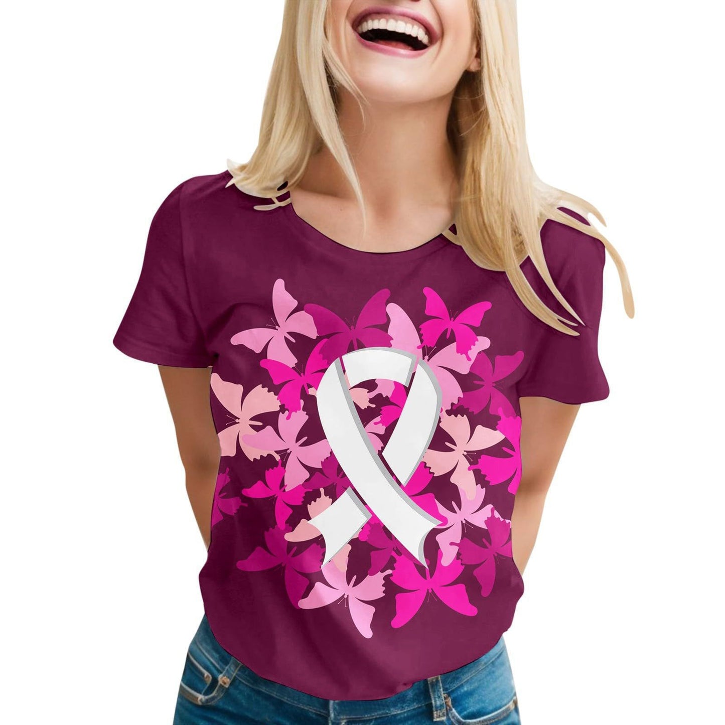 Women's Ribbon Printing Short Sleeve T-shirt Top