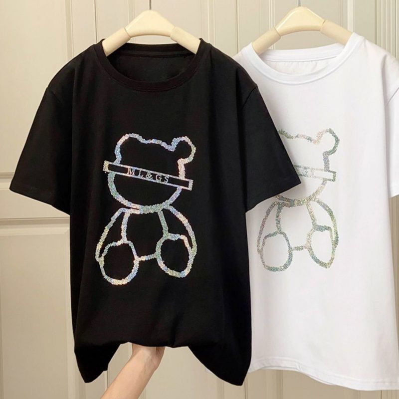 Heavy Industry Hot Drill Bead Short-sleeved Bear T-shirt Women