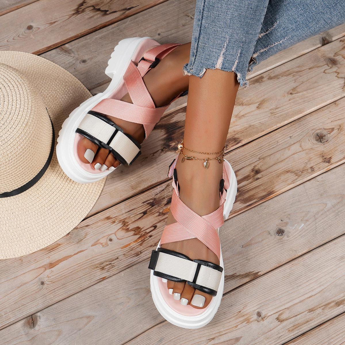 Summer Women's Thick Sole Velcro Toe Casual Sandals