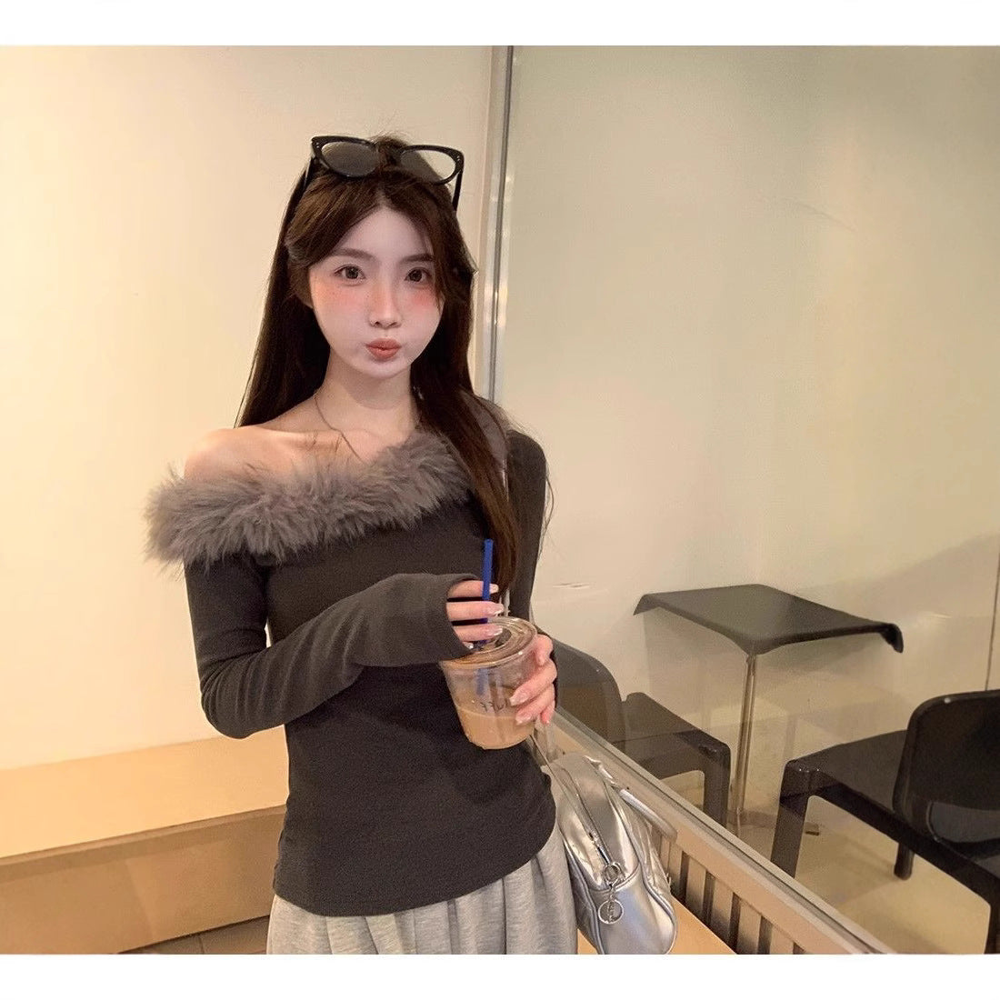 Womens Fluffy Slanted-shoulder Long-sleeve Top