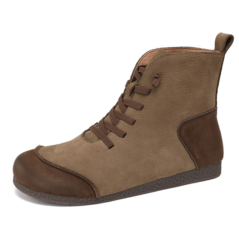 New Retro Leather High-top Women's Boots With Round Head Stitching